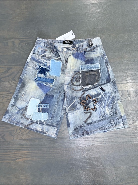 AKIRA Pants - AKIRA Patchwork Denim Jean Shorts in Light Blue and Dark Blue